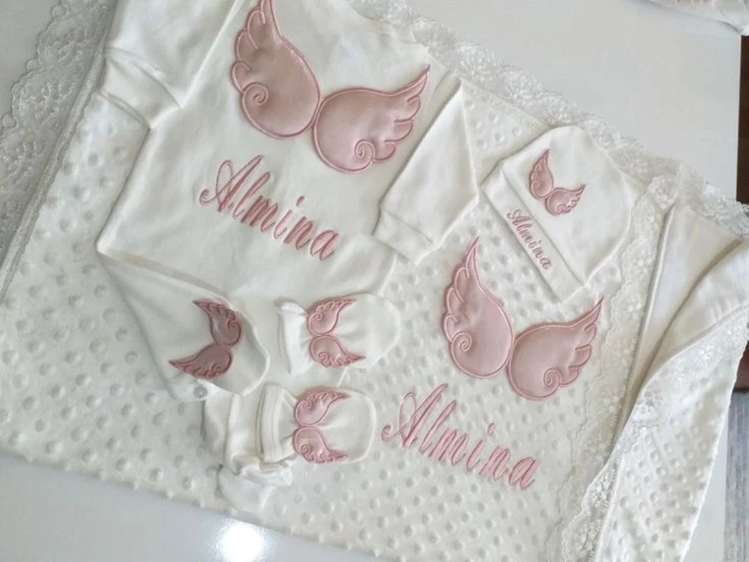 Dollbling Hospital Exit 5pcs Embroidery Name Newborn Angle Wings Romper Blanket  Nursery Bedding Swaddle Handmade Infant Outfit