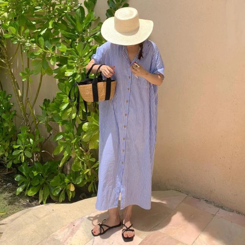 New Stripe Plus Size Loose Casual Shirt Dress Women Short Sleeve Button Up Summer Dress Office Lady Elegant Fashion Long Dresses