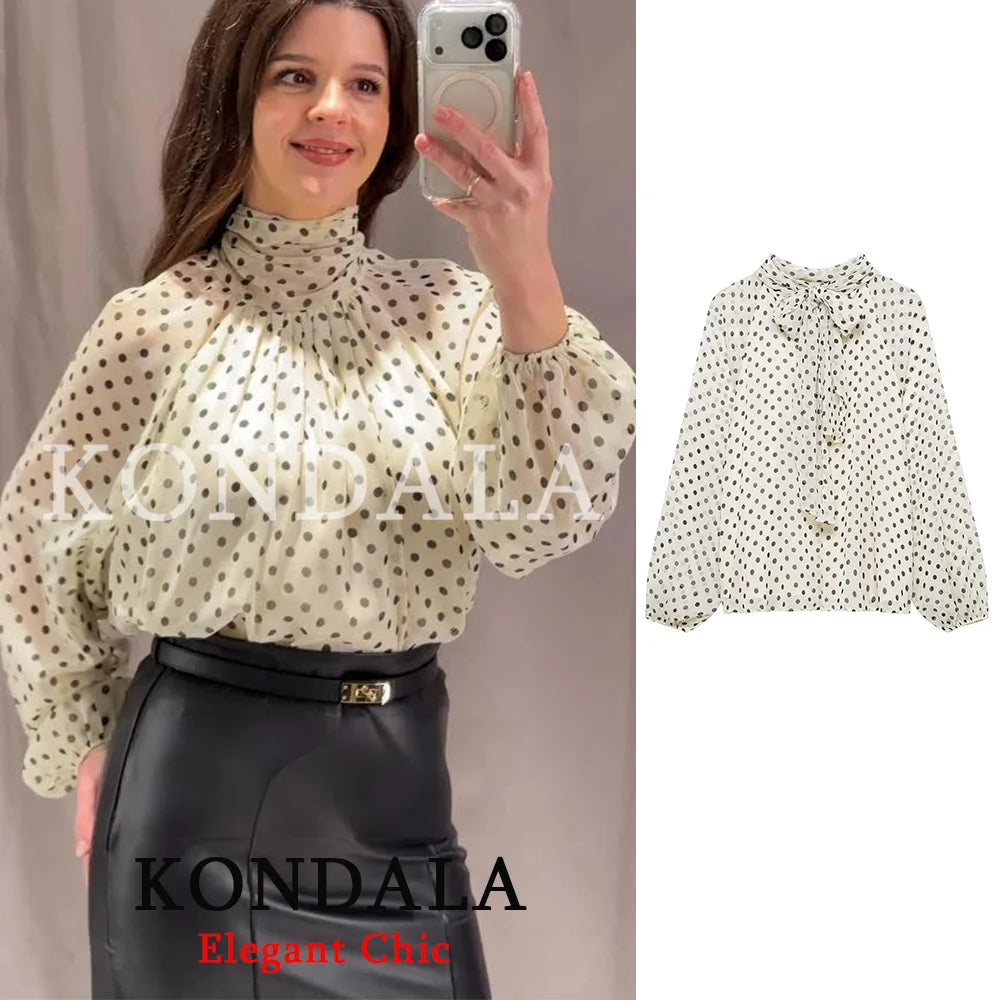 KONDALA Women Trendy Polka Dot Blouse Bow Tie O-Neck Shirt New Fashion 2026 Spring Summer Holiday Party Elegant Mujer Blouse