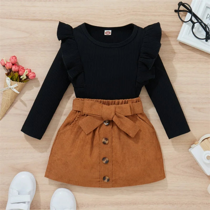 1-8Y Kids Girls Autumn Clothes Set Baby Solid Color Long Sleeve Ruffle Ribbed Knit Tops + Belted Mini Skirts Children Outfits