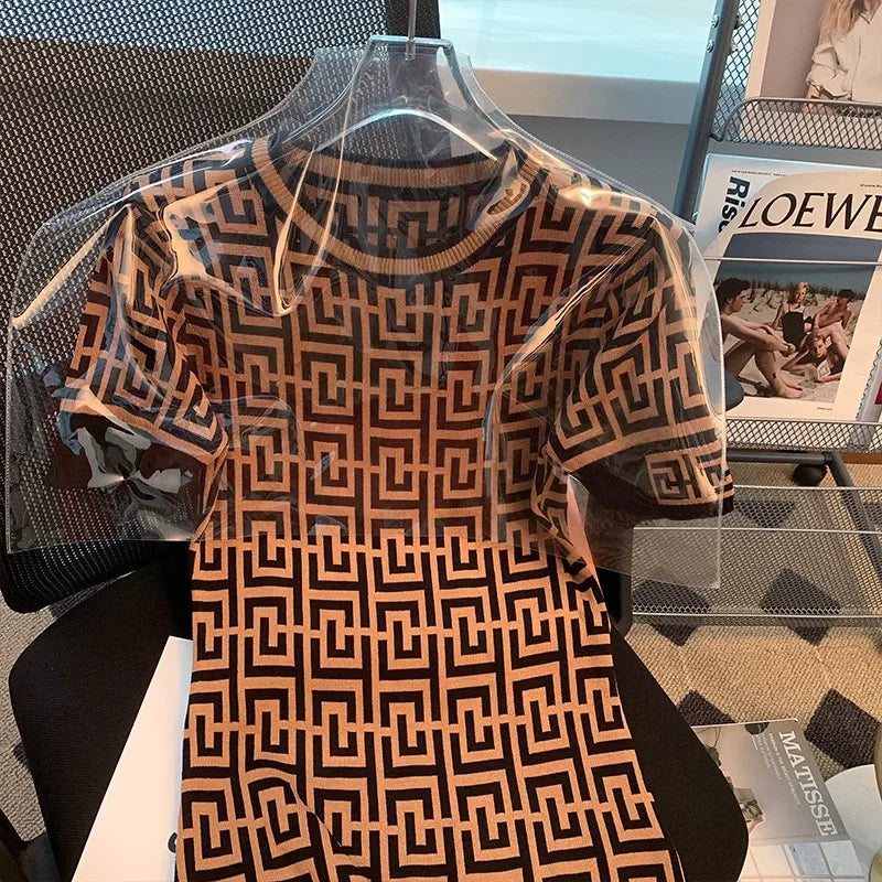 Summer Slimming Ice Silk Knitted Dress French Style Waist Cinched Short Sleeve Embroidered Knee Length Women's Fashion