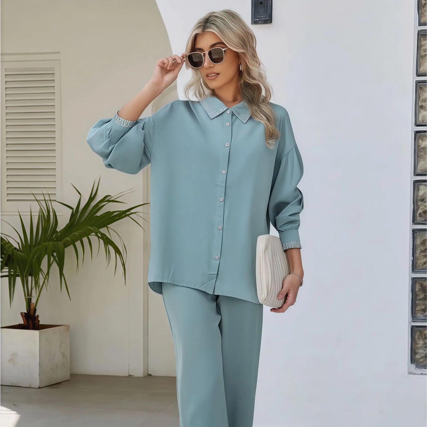 Femme Musulmane Ensembles Casual Women Solid Color Tops and Pants 2 Pieces Set Dubai Kaftan Abaya Islam Clothing Eid Shirt Suits