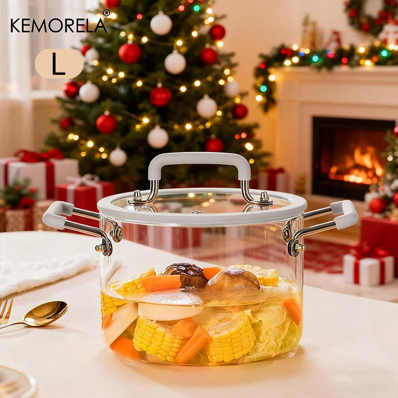 1PCS Glass Saucepan with Lid Multiple Capacity Options Heat-Resistant Glass Cooking Pot Dual Handle Soup Pot Kitchen Cooking
