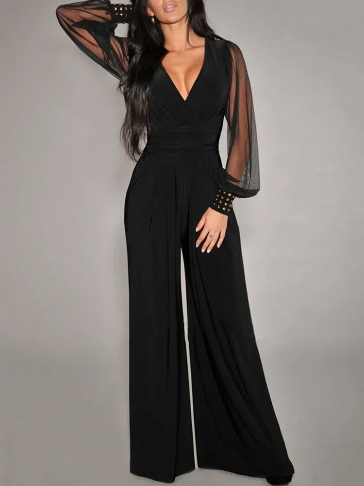 New In Spring Summer Women's Jumpsuit Black V-neck Mesh Splicing Straight One-piece Female Jumpsuit Sexy Streetwear Clothes