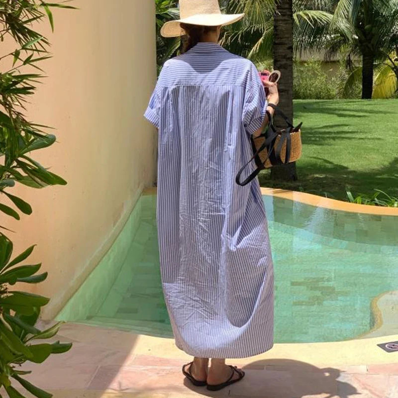 New Stripe Plus Size Loose Casual Shirt Dress Women Short Sleeve Button Up Summer Dress Office Lady Elegant Fashion Long Dresses