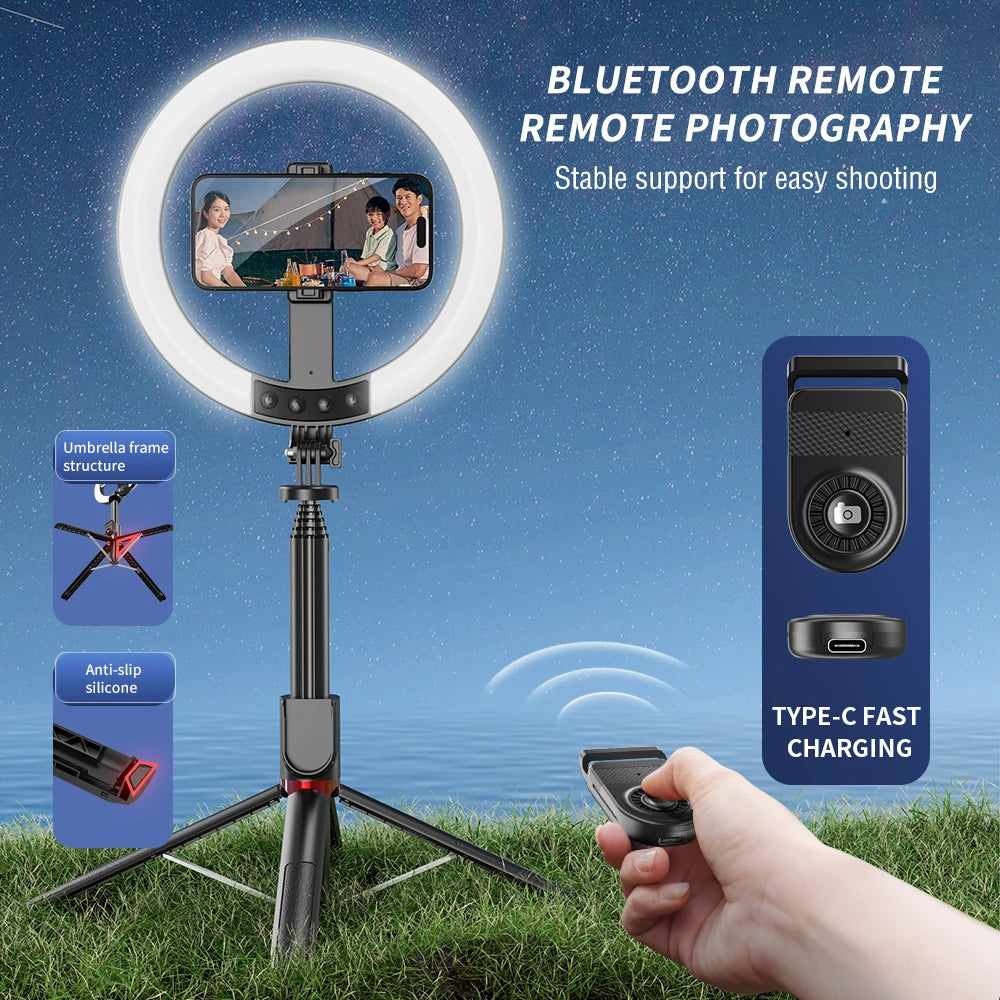 90" Selfie Stick Tripod and Phone Holder with 10" Dimmable LED Ring Light and Remote Shutter for Photography and Vlogging