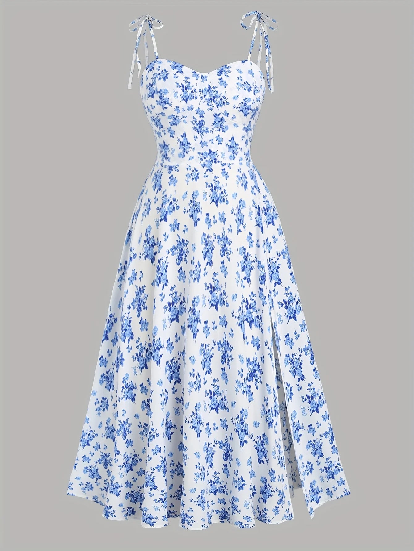 European and American fashion plus size women's new flower print A-line skirt bow tie slit dress