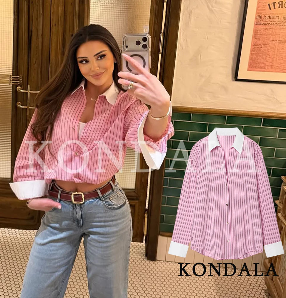 KONDALA Casual Stripes Pink Shirts Women's Trendy Vacation Buttons Lapel Shirts New 2026 Spring Summer Fashion High Street Shirt