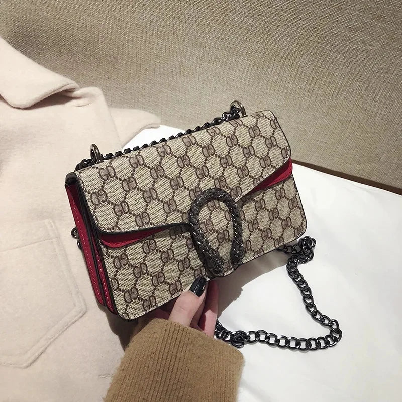 Fashionable Mini Printed Chain Women's Bag Crossbody Shoulder Bag Soft PU Leather Square Shape Bag with Phone Pocket