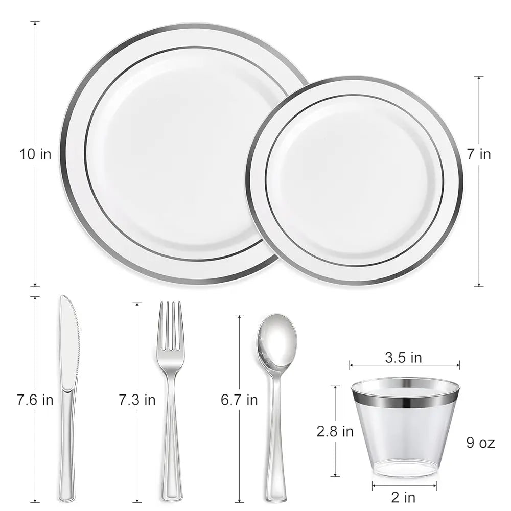 600 Pcs Silver Plastic Dinnerware Set For 100 Guests, Disposable Plastic Plates For Party Wedding Birthday, 100 Dinner Plates,
