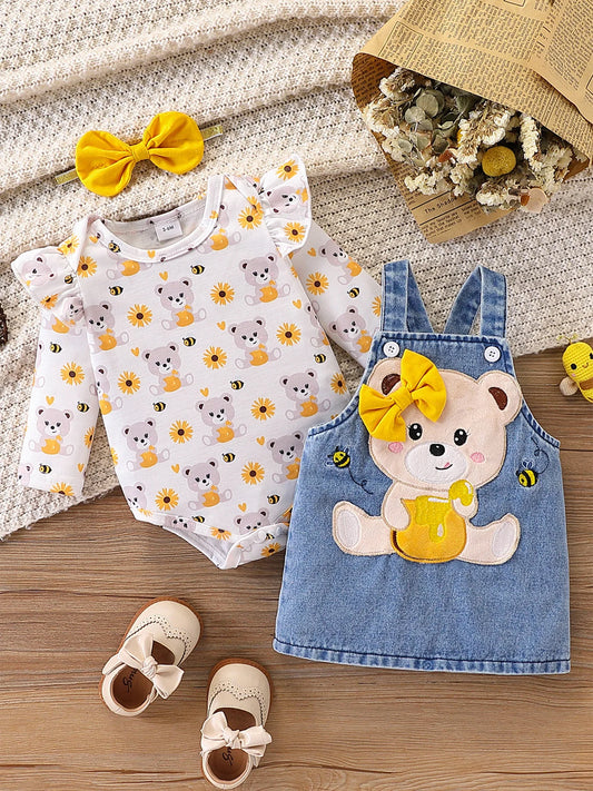 【Sweet and Cute Bear】Baby Girl Denim Overalls Set: 3D Bear Patch Honey Jar Denim Overalls + Sunflower Print Top + Bow Headband - Spring/Summer Outing Three-Piece Set