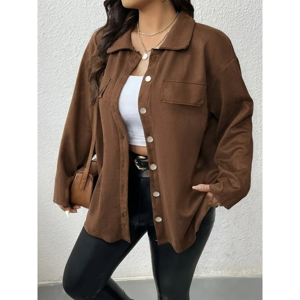 Upgraded plus size Women's clothing Shirt with Metal Buttons Long Sleeve Coat High-End Lapel Shirt Simple Casual Women's Top