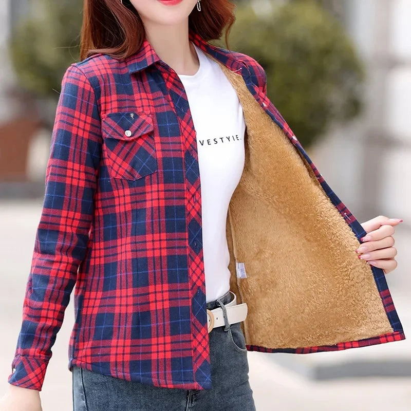Thickened Fleece Women's Long Sleeve Shirt Autumn Winter New Style Warm Plaid Loose Fit  Style Cotton Button up Top
