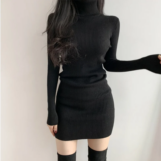 Women Autumn Winter Turtleneck Warm Bodycon Dress Long Sleeve Knit Solid Office Pullover Sexy Mini Dress for Ladies 2025
