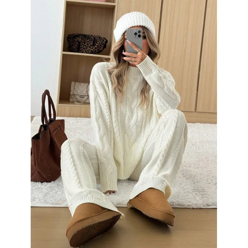 Soft Warm White Cable Knit 2-Piece Sweater Set Women Oversized Casual Loungewear Tracksuit 2026 New Fashion