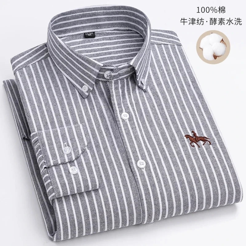 100% Pure Cotton Men Long Sleeve Dress Shirt for Oxford Shirt Men Plaid Striped Work Casual Social Shirts Male Regular-Fit S-6XL