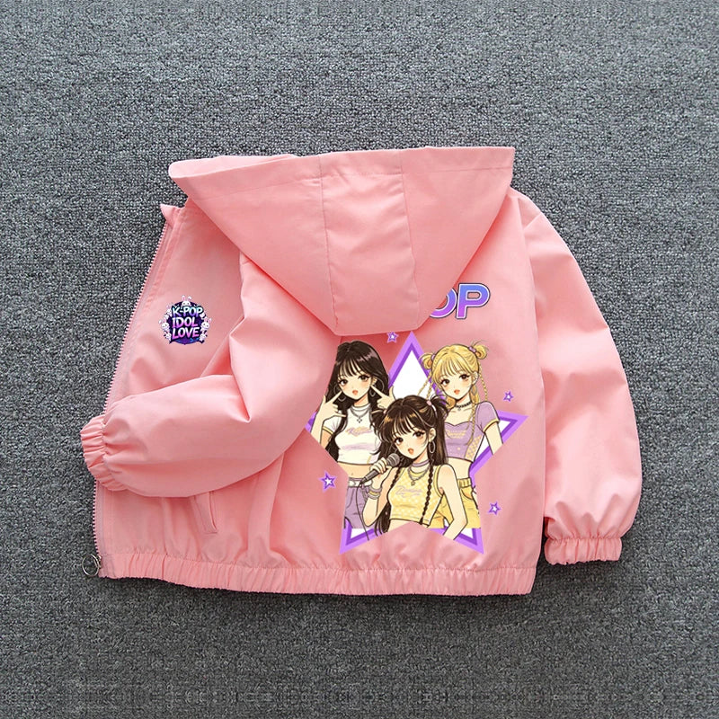 K-pop Idol Print Hooded Jacket for Girls 2026 New Spring Autumn Children Waterproof Windbreaker Coat Kids Daily Casual Outerwear