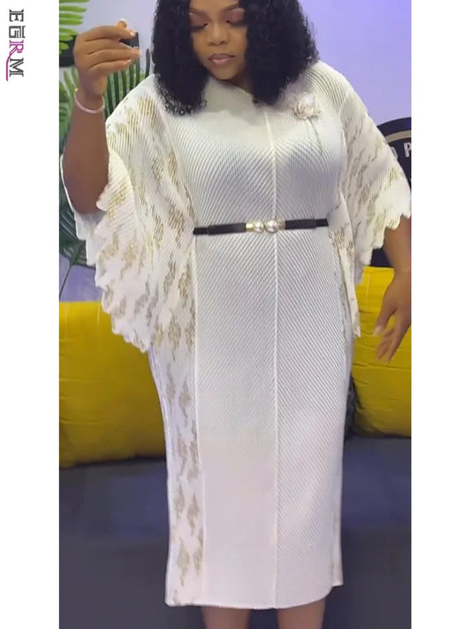 EGRM High-end Pleated Dresses For Women Traditional Clothing Batwing Sleeve V-neck Print Gown Maxi Long Dress 2025 New 7R6192