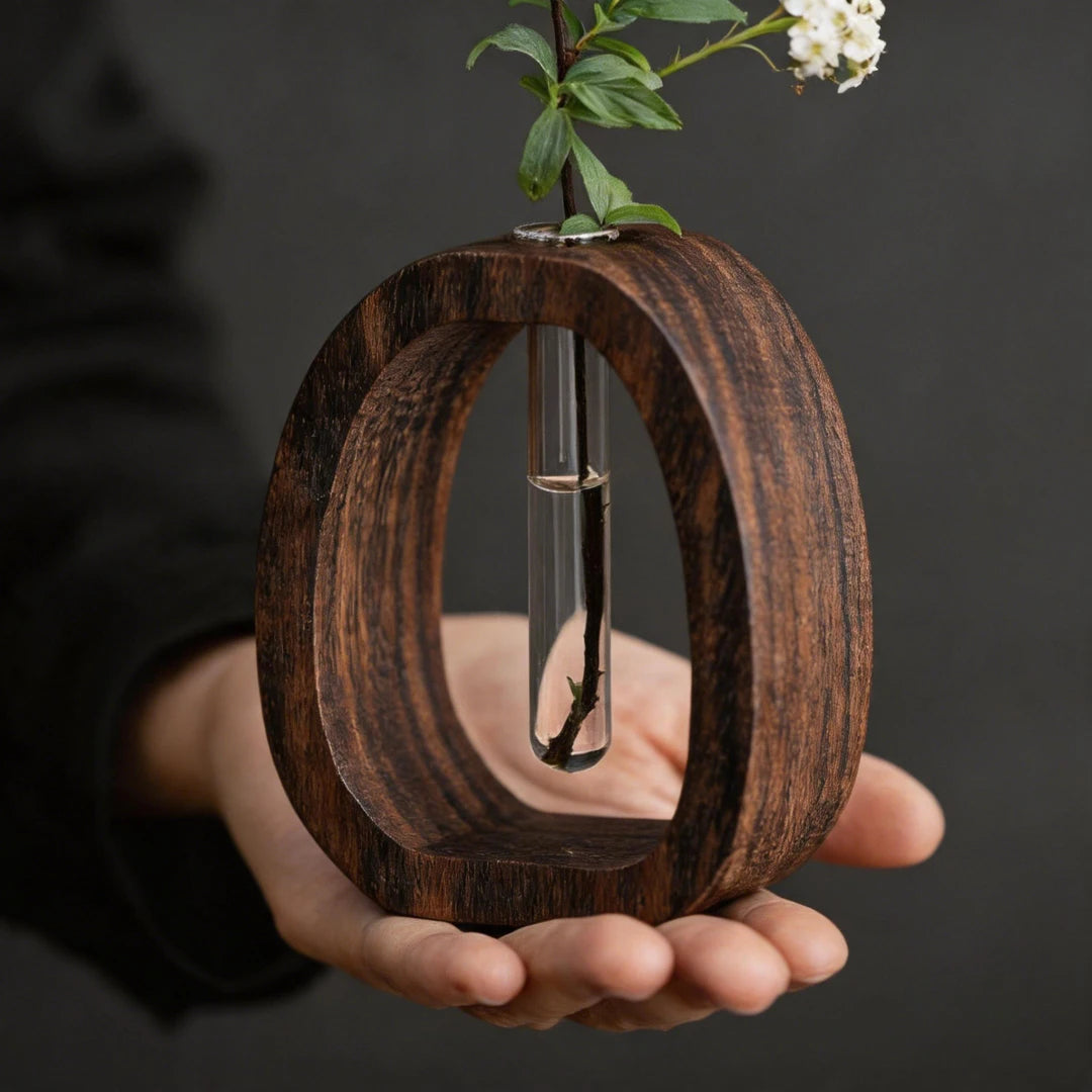 2Pcs/set Walnut Wood Glass Hydroponic Plant Container, Desptop Terrarium Bonsai Home Decor - Glass Tube Vase & Walnut Wood Base