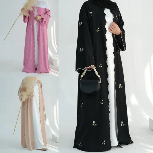 Long Sleeved Open Wavy Abaya For Women Embroidery Flower Kimono Cardigan Dubai Muslim Loose Burqa Islamic Dress Robe Kaftan