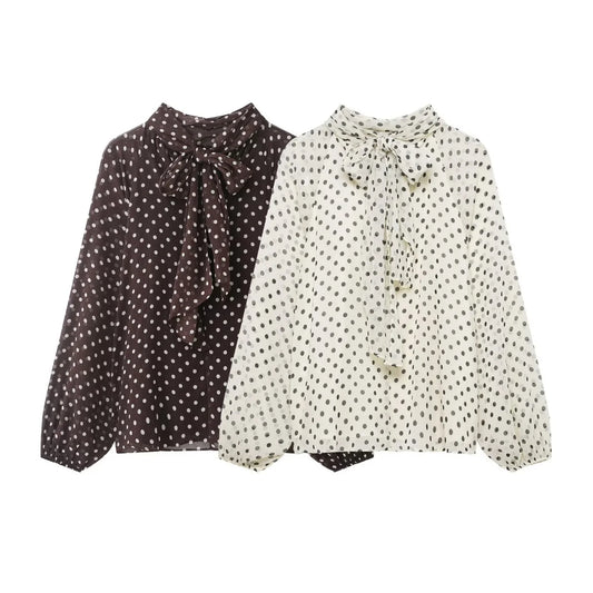 Women's Dots Printed Blouse Shirt Spring Autumn Fashion Long Sleeve Bow Lace-Up Blouse Shirt Lady Elegant High Street Blouses