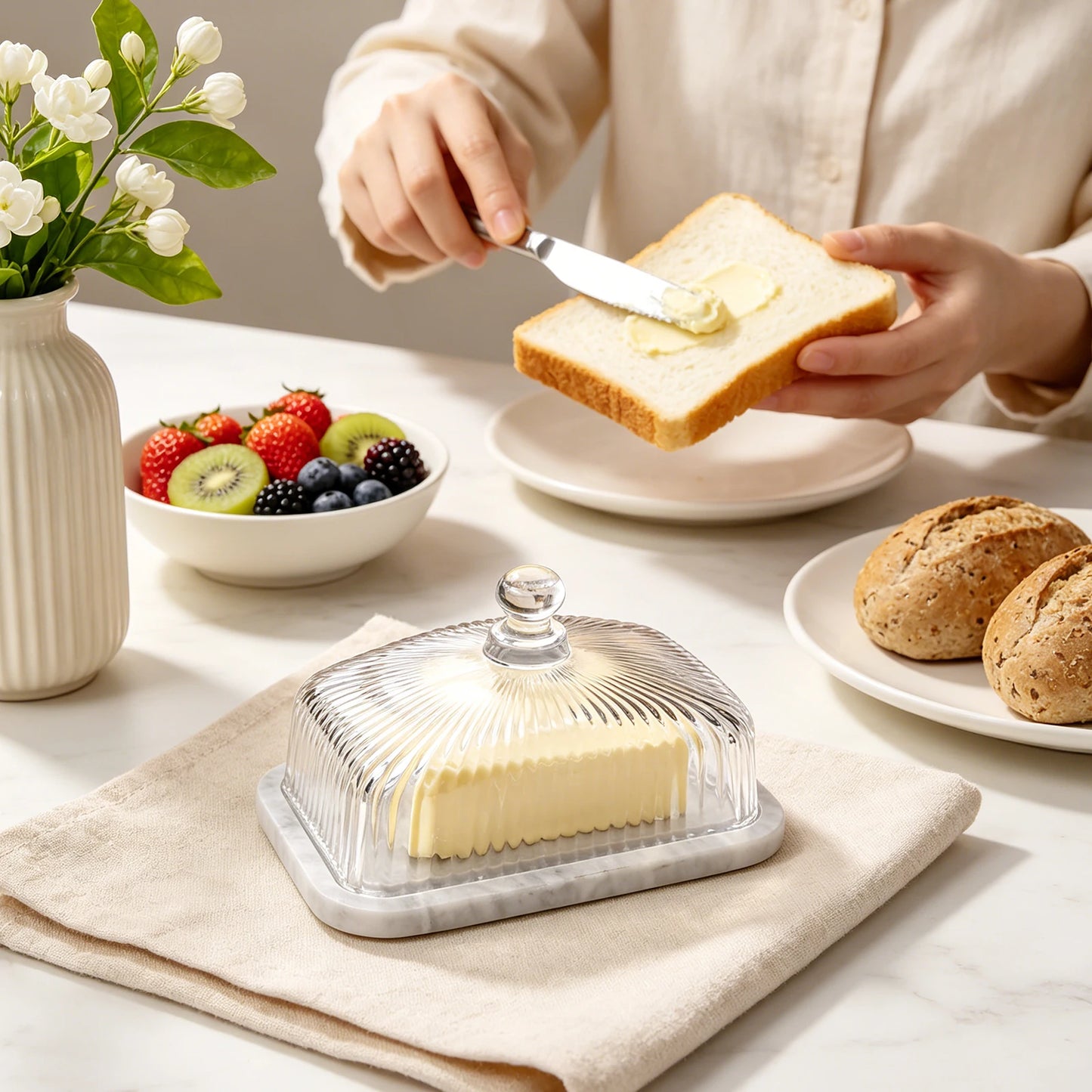 Marble Base Glass Dome Butter Dish with Lid Cheese Bread Cup Cake Fruit Serving Tray Restaurant Quality Food Storage Container