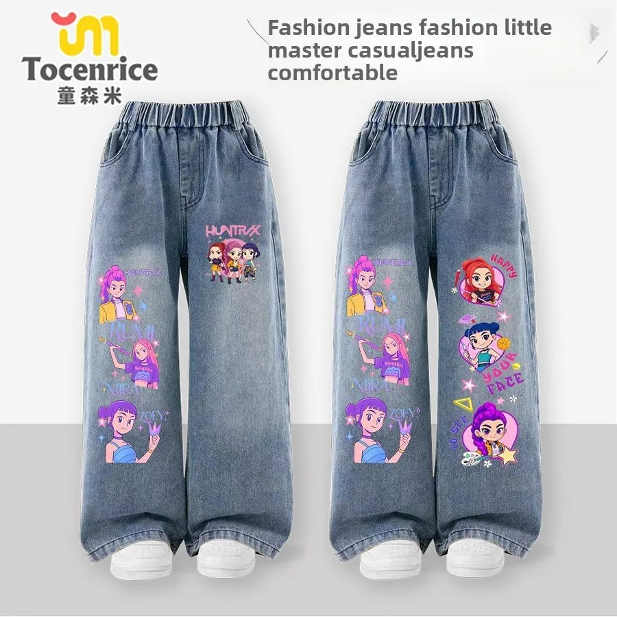 Kpop witch hunters children's jeans girls spring and autumn new straight trousers girls casual pants tide