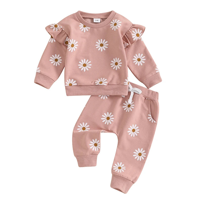 Pudcoco Toddler Newborn Baby Girl Fall Outfit Daisy Print Long Sleeve Sweatshirt with Elastic Waist Pants 2 Pcs Set 0-3T
