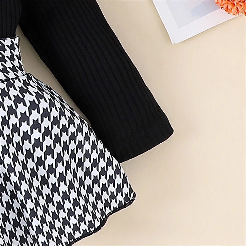 Baby Girl Spring Outfits Long Sleeve Houndstooth Print Romper Dress with Headband and Long Socks