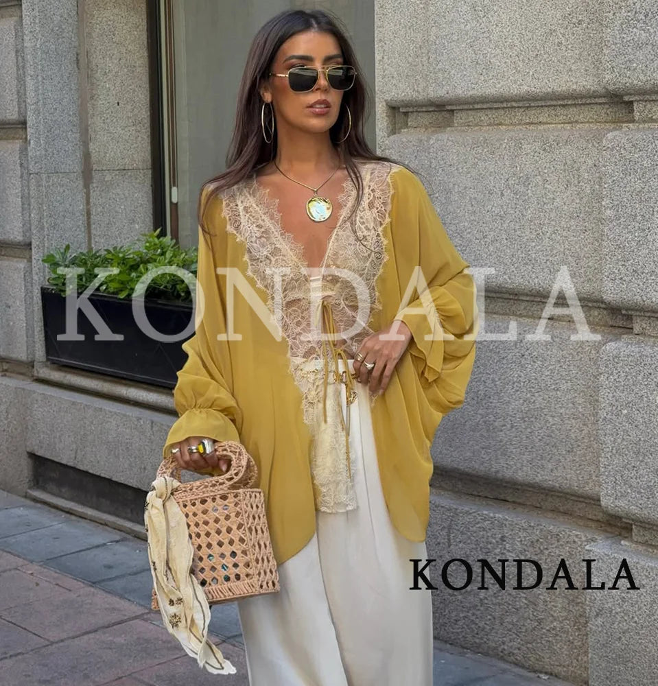 KONDALA Women Trendy Patchwork Lace See-Through Shirts V-Neck Lace-up Blouse New Fashion 2026 Spring Summer Elegant Lady Shirts