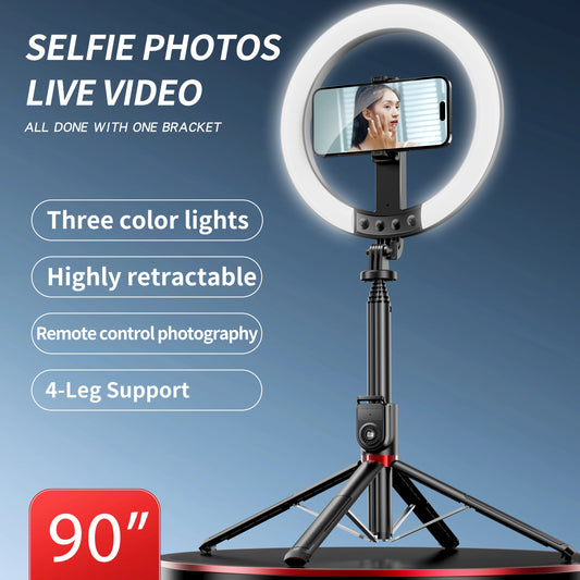 90" Selfie Stick Tripod and Phone Holder with 10" Dimmable LED Ring Light and Remote Shutter for Photography and Vlogging