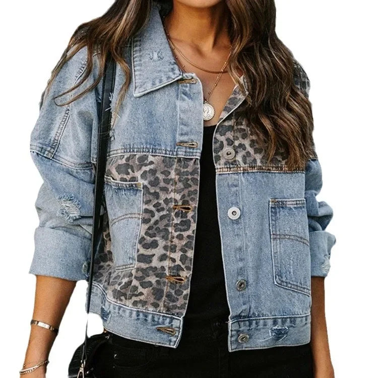 Cross-Border Amazon Denim Jacket Women's Long Sleeve Standalone European and American Style Denim Coat Women's Leopard Printed