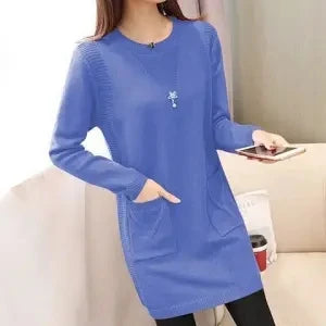 Solid Long Sweater Women Clothing 2025 New Korean Pocket Knit Sweater Dress Casual Warm Loose O neck Long sleeve Ladies Pullover