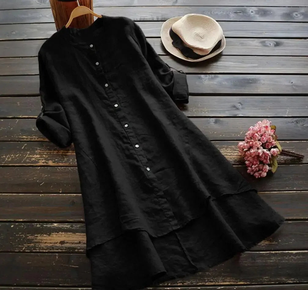 Fast Selling Spring SummerNew Women's Solid Color Button Cotton Linen Long Sleeve Long Length Shirt
