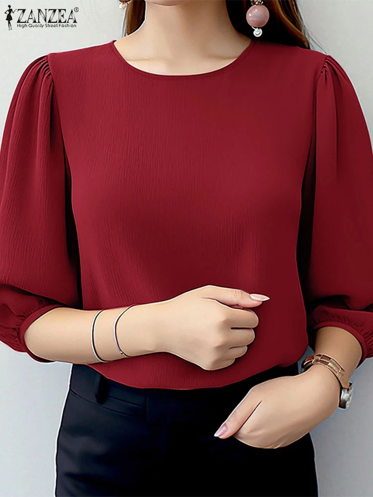 2025 ZANZEA Elegant Office Work Blouse Summer Fashion Shirt Women O Neck 3/4 Sleeve Holiday Blusas Spring Tops Tunic Oversize