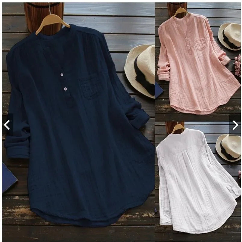Loose Casual Cotton Linen Long Sleeve Women's Shirt 2025 Cross-Border Fashion plus Size Comfortable Breathable Button-Up Top