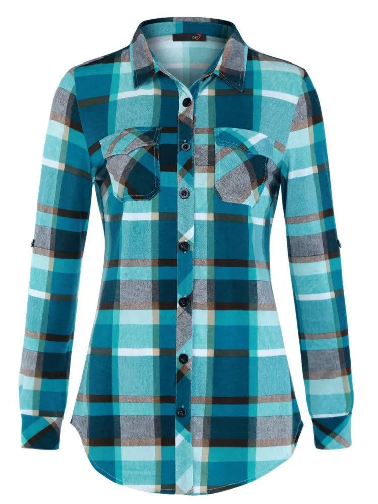 Women's  fashion Casual Plaid Button-Down Shirt