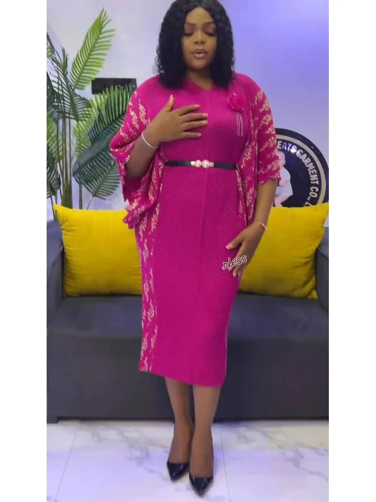 EGRM High-end Pleated Dresses For Women Traditional Clothing Batwing Sleeve V-neck Print Gown Maxi Long Dress 2025 New 7R6192