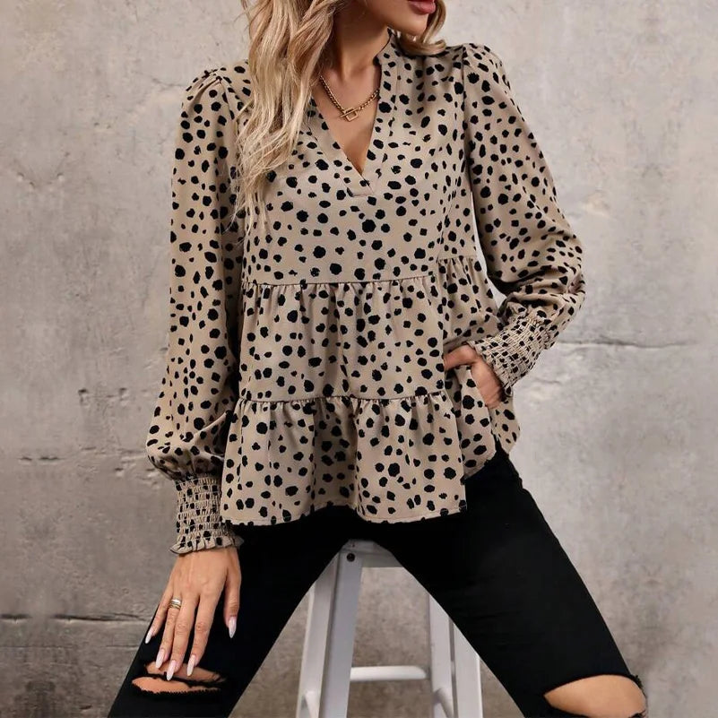 Plus Size Women's Shirt, V-Neck Long Sleeves, Geometric Polka Dot Print, Layered Design Top, Suitable for Work and Casual Wear