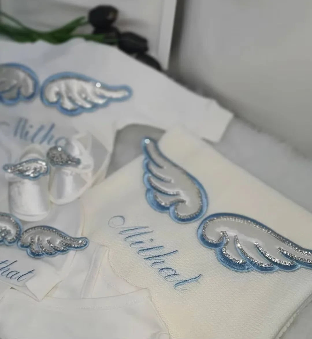 Dollbling Hospital Exit 5pcs Embroidery Name Newborn Angle Wings Romper Blanket  Nursery Bedding Swaddle Handmade Infant Outfit