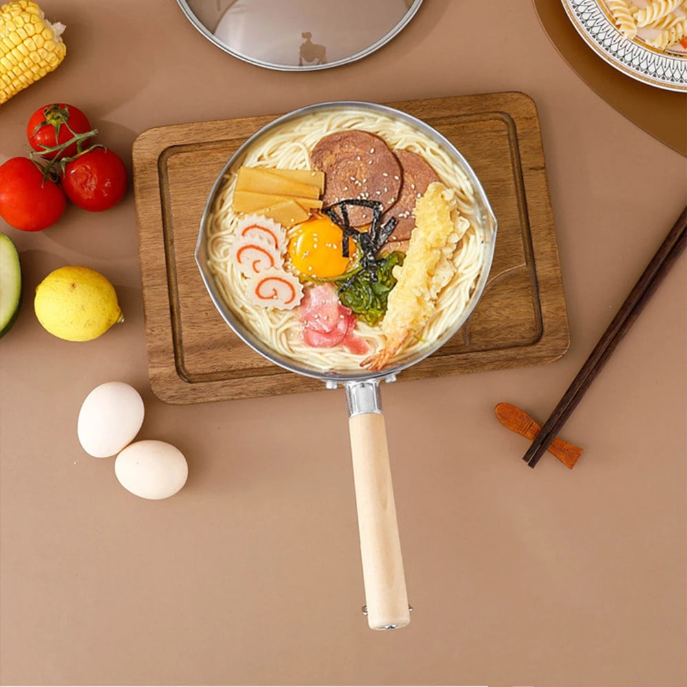 430 Stainless Steel Soup Pot Japanese-style Snow Pot Flat Bottom Non-stick Wok Wooden Handle Stew Pot Milk Pot Kitchen Cookware