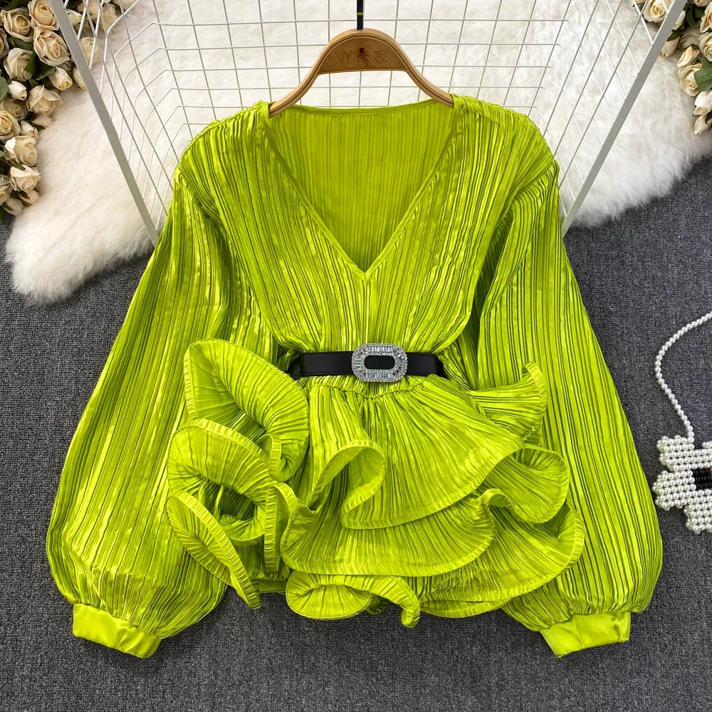 2026 Blusas Mujer De Moda Temperament Blouses Women Lantern Sleeve V-neck Slim Waist Shirts Folds Ruffles Vintage Blouse Tops