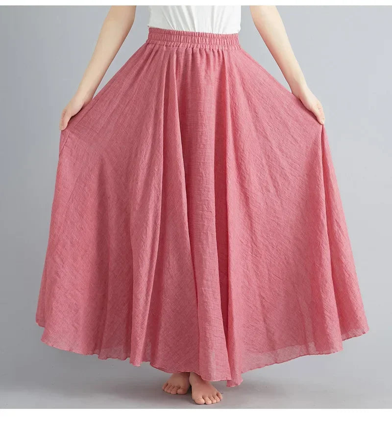 Fashion Solid Cotton Linen Women Skirts Maxi Elegant Harajuku Saia Casual Loose Long Skirt Ladies Clothes Faldas Ropa Mujer