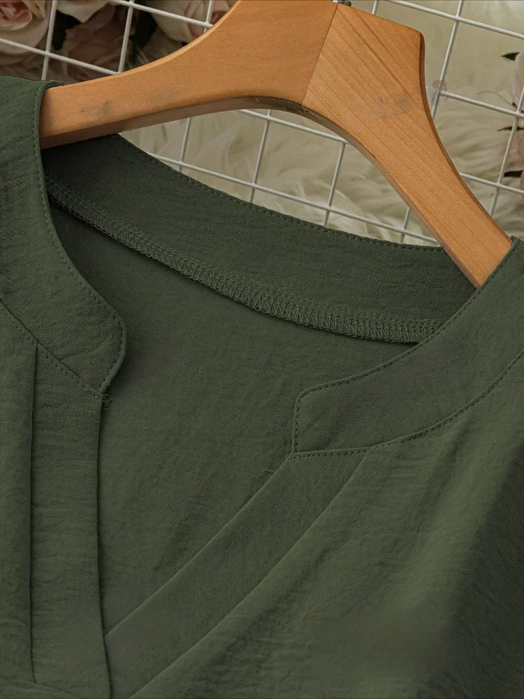 Plus Size 2025 New Casual Tops Women's Loose Long Sleeve Stand Collar T-shirts Polyester Fashion Female Apparel V-neck Clothing