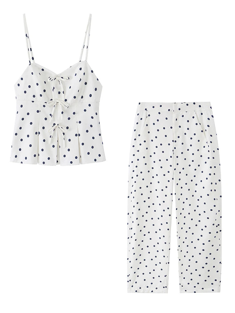 HH Elegant Women's Summer Polka Dot Cami Pant Set 2026 Sweet Skirt Style Hem Bow-Front Top+Bucket Trousers Female Casual Suit