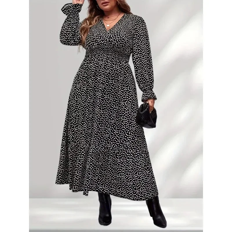 Plus Size 1XL-5XL Women's  Fashion New Polka Dot Print Long Sleeve Dresses Elegant Casual V-Neck Dress