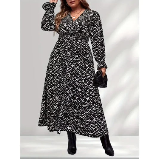 Plus Size 1XL-5XL Women's  Fashion New Polka Dot Print Long Sleeve Dresses Elegant Casual V-Neck Dress