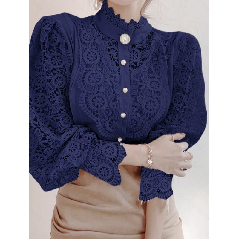 Elegant Loose Sweet Fashion Lace Women Blouse Office Stand Collar Casual Shirt Ladies Petal Long Sleeves Hollow Out Top Clothing