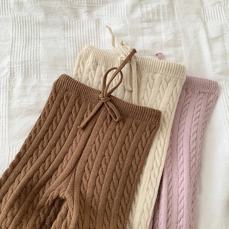 2025 Autumn Spring Korean Style Kids Knitted Clothing Set Long Sleeved Solid Color Knitted Pullover+Pants Baby Girl Clothes Suit