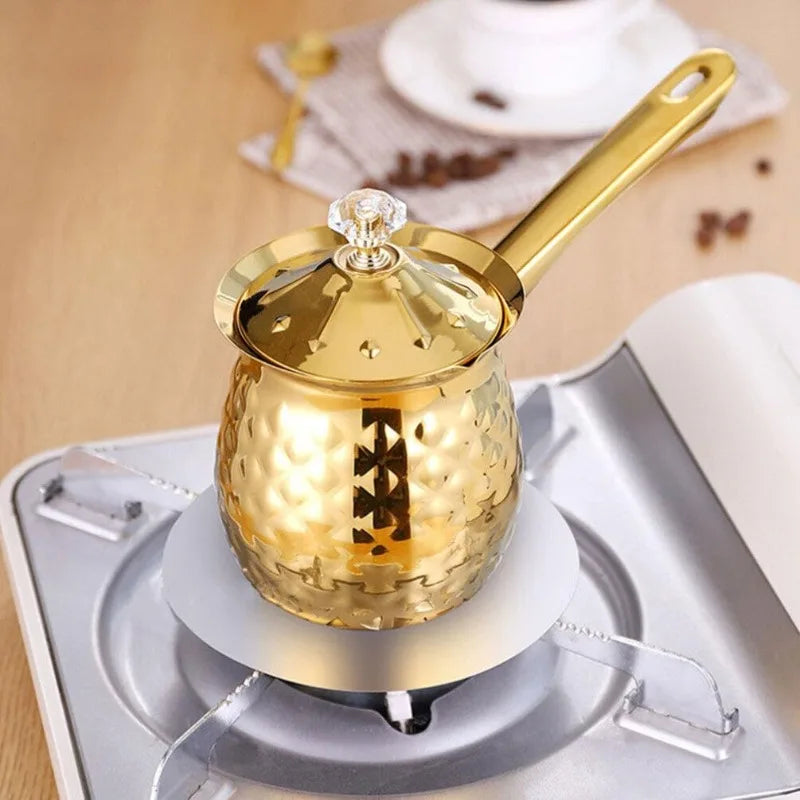 Gold Hammered Milk Pot Stainless Steel Turkish Coffee Pot with Lid Long Handle Saucepan Butter Melting Pot Kitchen Tools
